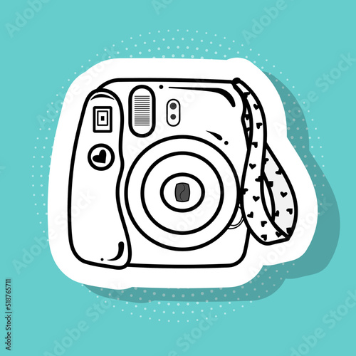 Sticker, polaroid camera with white trinket, hearts, icon on pop art retro vintage background, trendy color illustration
