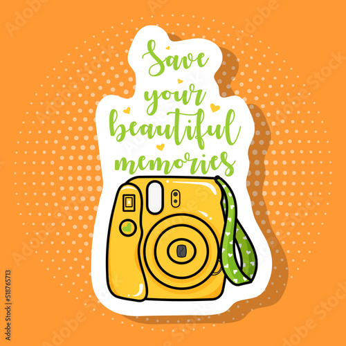 Sticker, polaroid camera with green trinket, hearts, icon on pop art retro vintage background, trendy color illustration

