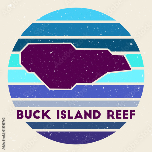 Buck Island Reef logo. Sign with the map of island and colored stripes, vector illustration. Can be used as insignia, logotype, label, sticker or badge of the Buck Island Reef.