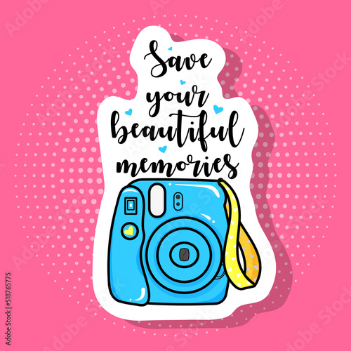 Sticker, polaroid camera with yellow trinket, hearts, icon on pop art retro vintage background, trendy color illustration
