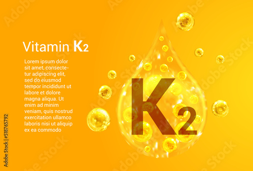 Vitamin K2. Baner with vector images of golden drops with oxygen bubbles. Health concept.