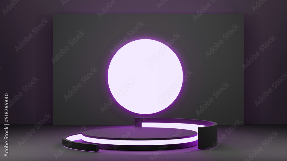 Background products display Luxury podium scene with geometric platform. black background 3d rendering with neon podium stand to show cosmetic products advertising mockup and package presentation ads