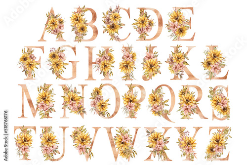 Watercolor floral sunflower bouquets alphabet monogtram letters. Hand painted botanic flower branch composition for wedding invitations, logotype, monogram, greeting cards, personalized sublimations