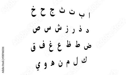 Arabic alphabets in black color letters with white background in arc style letters