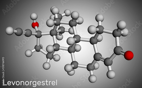 Levonorgestrel progestin molecule. It is synthetic progestogen, contraceptive. Molecular model. 3D rendering photo