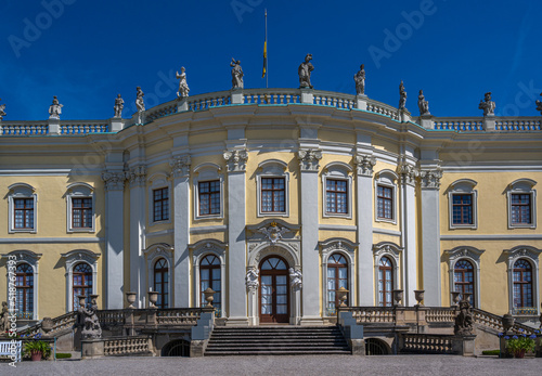 The 18th century Baroque Residenzschloss Ludwigsburg, inspired by Versailles Palace. View of the new main building from the south. Baden Wuerttemberg, Germany, Europe