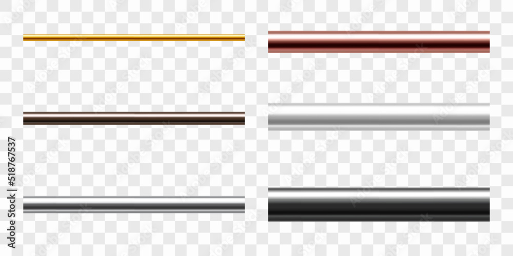 Set of metal pipes. Pipe profiles in steel, cast iron, aluminum, copper and brass. Realistic vector illustration isolated on transparent background.