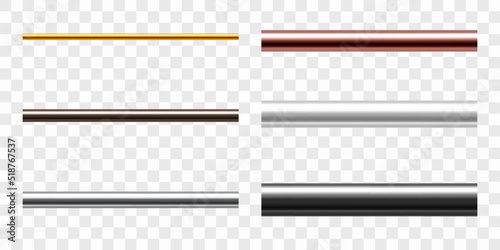 Set of metal pipes. Pipe profiles in steel, cast iron, aluminum, copper and brass. Realistic vector illustration isolated on transparent background.