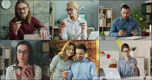 Diverse people indoor using gadgets buying online paying with credit card. E-commerce. Collage. Male and female buy on internet. Business style. Family couple at home People at office Shopping concept