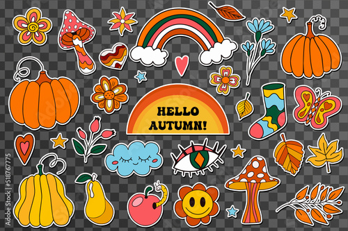 Retro 70s autumn vibe, hippie stickers, psychedelic groovy elements. Cartoon funky autumn 