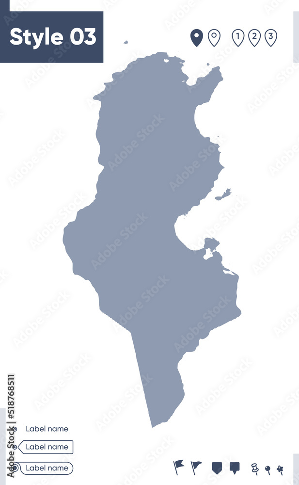 Tunisia - map isolated on white background. Outline map. Vector map. Shape map.