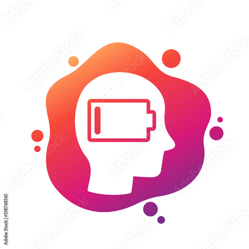burnout, fatigue icon with head and battery, vector