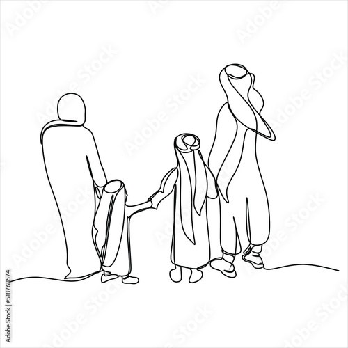 Arabian family mom, dad and son walking together. Islamic muslim happy family parenting concept. Continuous One line drawing design vector illustration