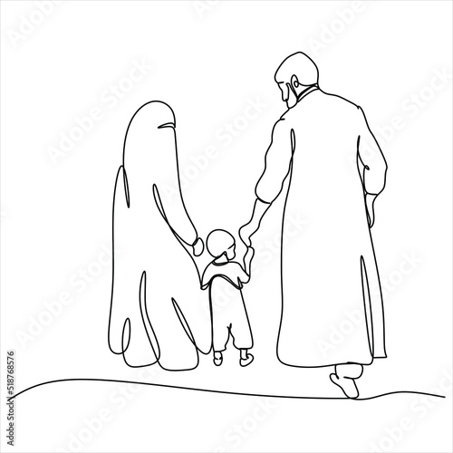 Arabian family mom, dad and son walking together. Islamic muslim happy family parenting concept. Continuous One line drawing design vector illustration