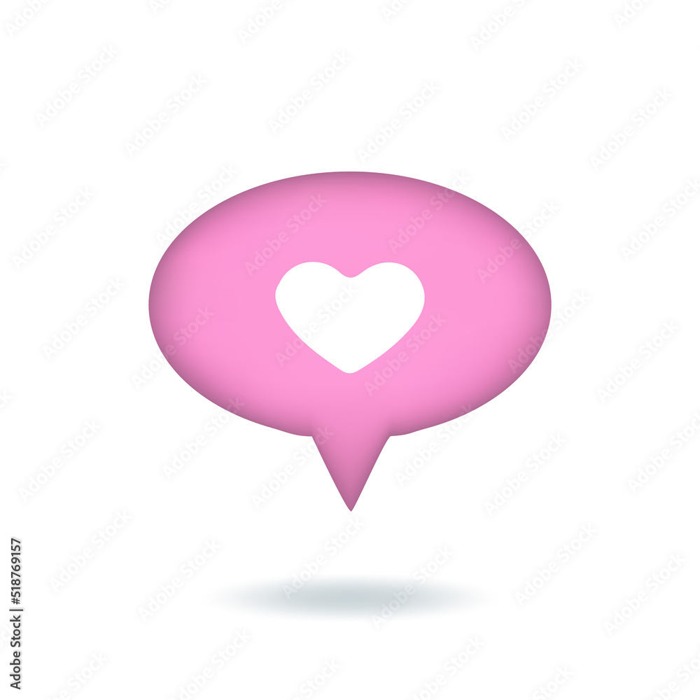 Vector illustration. 3d like icon with heart, social media notification, speech bubble. Oval pink Button isolated on white background.