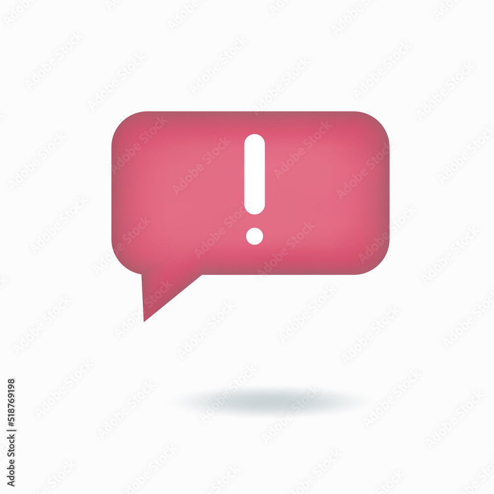 Vector illustration. 3d exclamation mark icon, social media notification, speech bubble. 3d protest sign. Rectangular red Button isolated on white background.