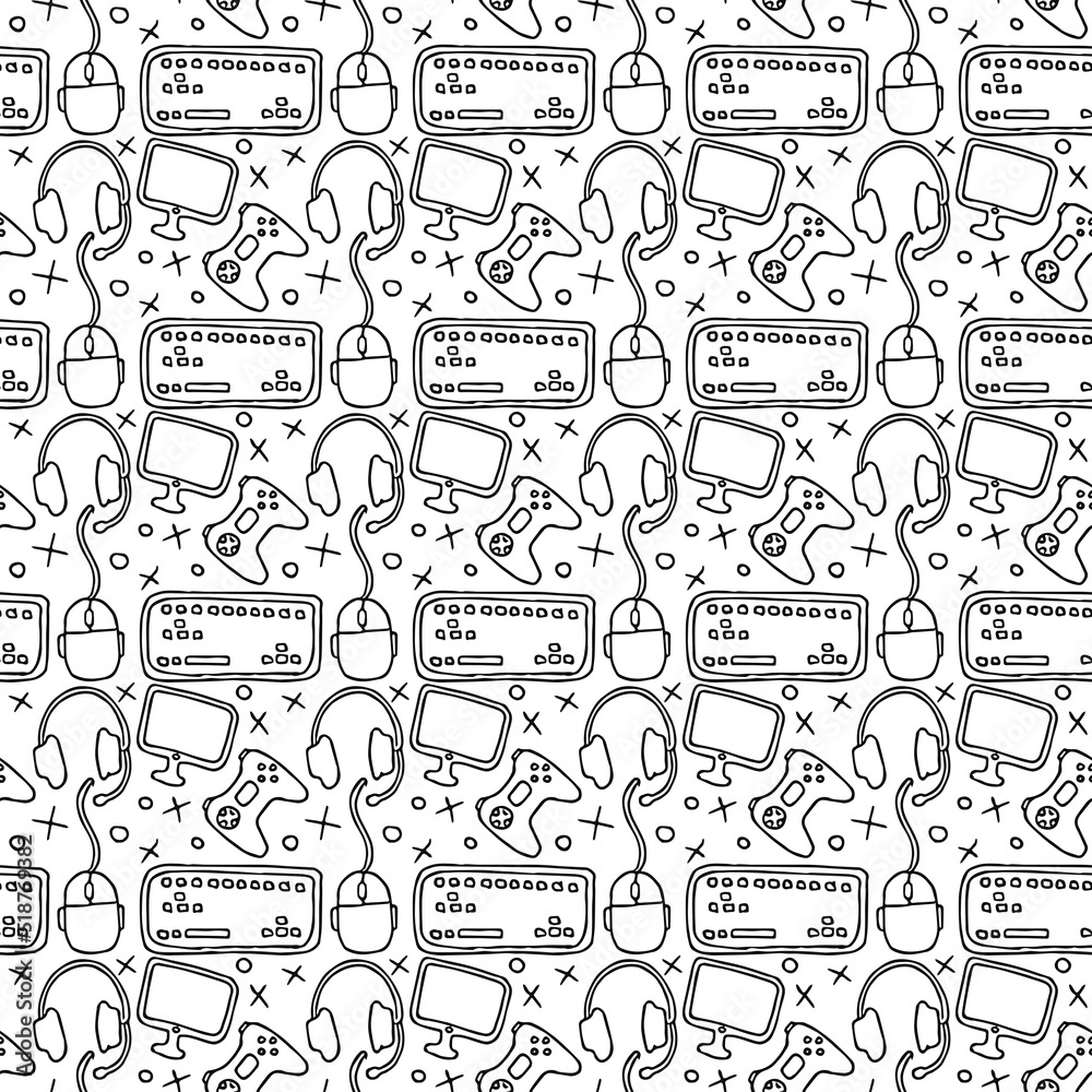 Seamless gaming pattern. Background with gamepad,monitor, keyboard, computer mouse, headphones