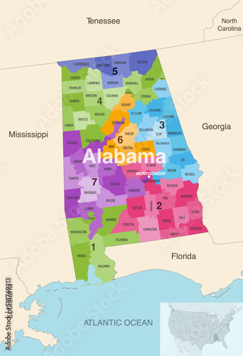 Alabama's congressional districts (2013-2023) vector map with neighbouring states and terrotories