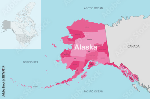 Alaska state boroughs vector map with neighbouring states and terrotories