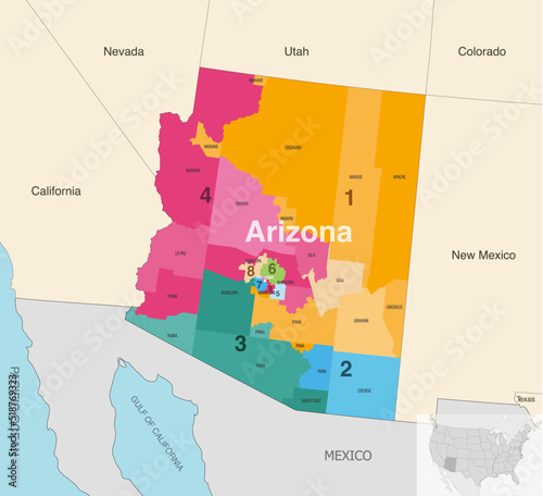 Arizona's congressional districts (2013-2023) vector map with neighbouring states and terrotories