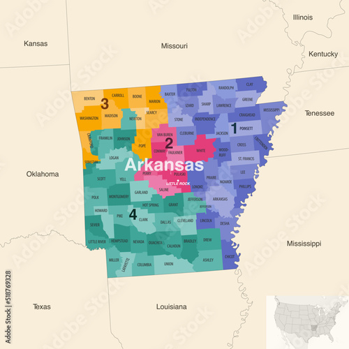 Arkansas's congressional districts (2013-2023) vector map with neighbouring states and terrotories