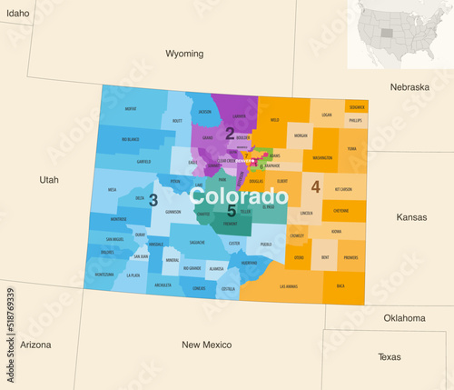 Colorado's congressional districts (2013-2023) vector map with neighbouring states and terrotories