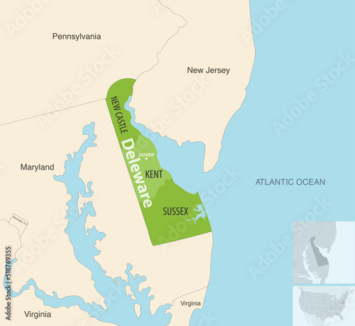 Delaware state counties vector map with neighbouring states and terrotories
