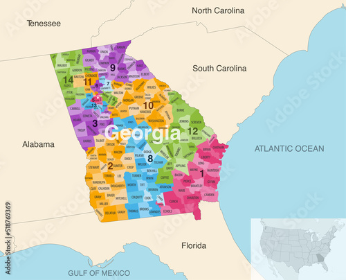 Georgia's congressional districts (2013-2023) vector map with neighbouring states and terrotories