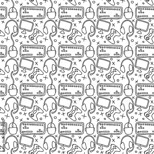 Seamless gaming pattern. Background with gamepad monitor  keyboard  computer mouse  headphones