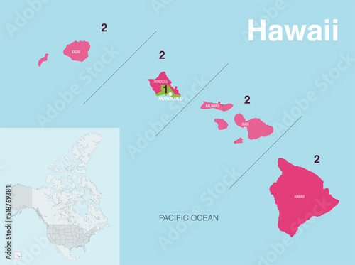 Hawaii state counties colored by congressional districts vector map with neighbouring states and terrotories