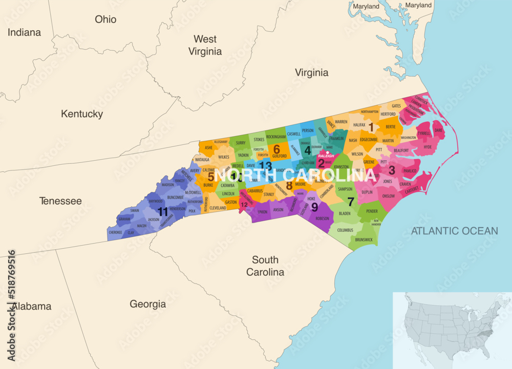 North Carolina's congressional districts (2021–2023) vector map with neighbouring states and terrotories