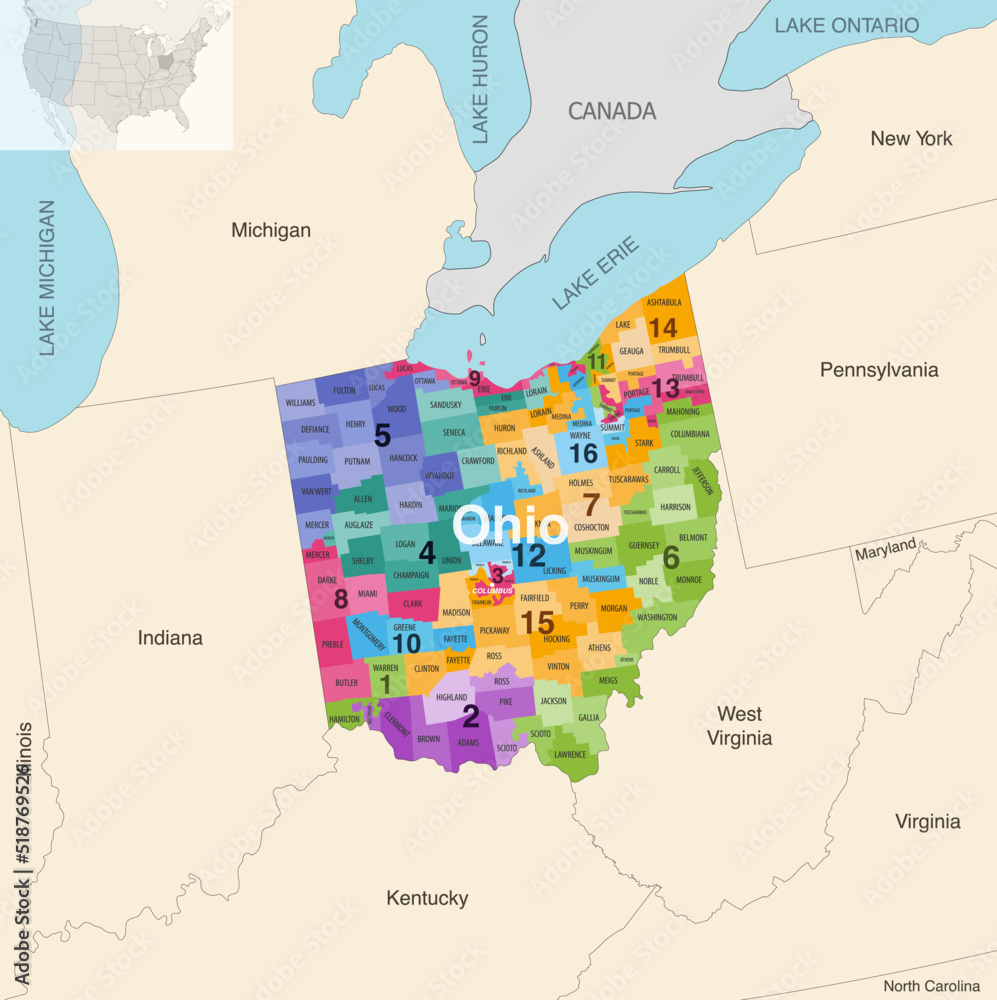 Ohio State Counties Colored By Congressional Districts Vector Map With Neighbouring States And 0819