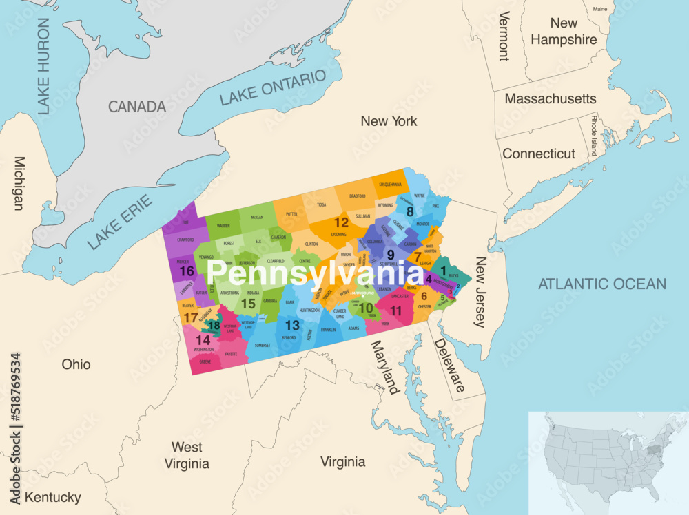 Pennsylvania's congressional districts (2019–2023) vector map with neighbouring states and terrotories