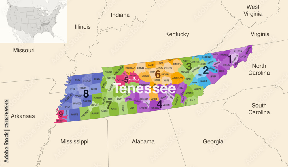 Tennessee state counties colored by congressional districts vector map with neighbouring states