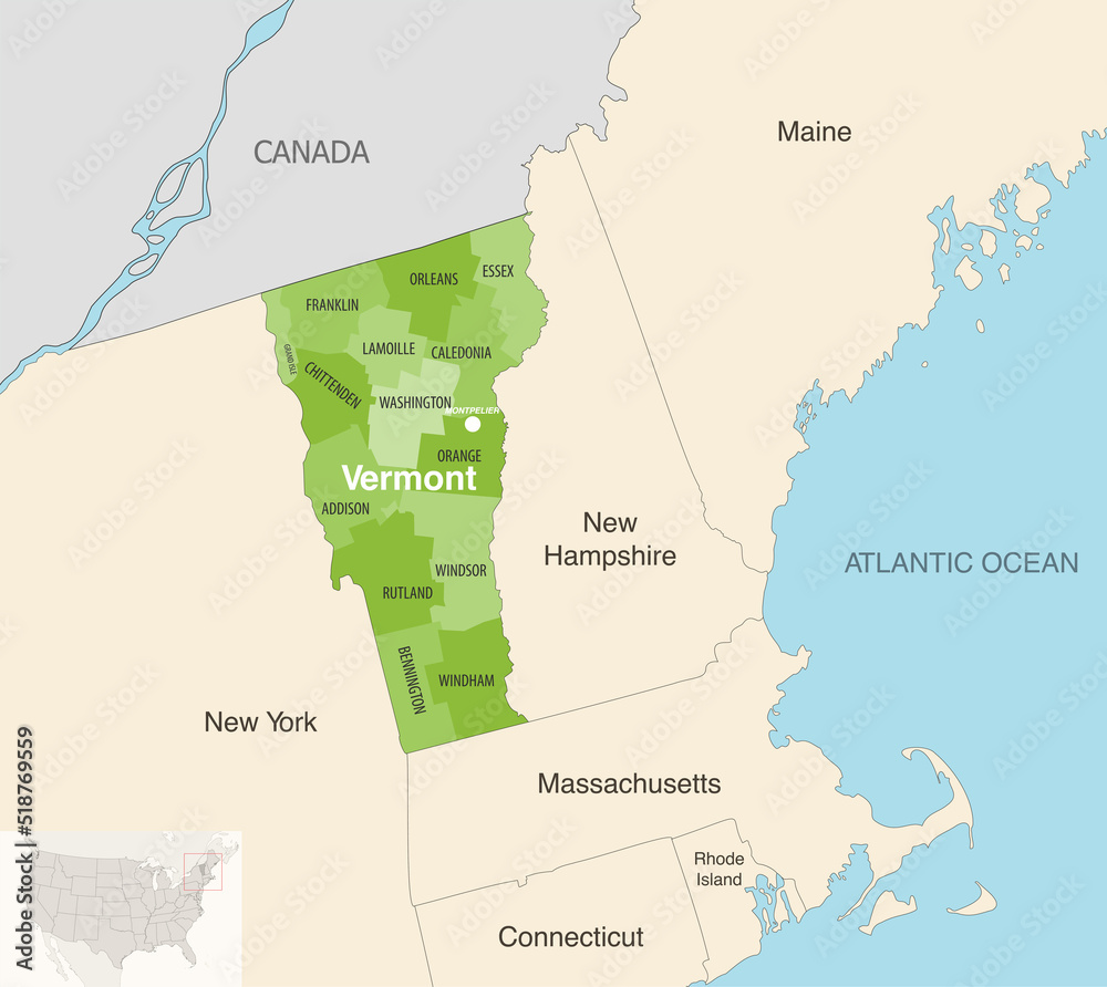 Fototapeta premium Vermont state counties vector map with neighbouring states and terrotories