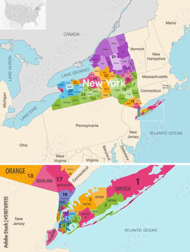 New York's congressional districts (2013-2023) vector map with neighbouring states and terrotories