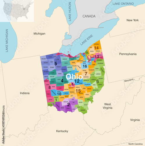 Ohio's congressional districts (2013-2023) vector map with neighbouring states and terrotories