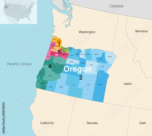 Oregon's congressional districts (2013-2023) vector map with neighbouring states and terrotories