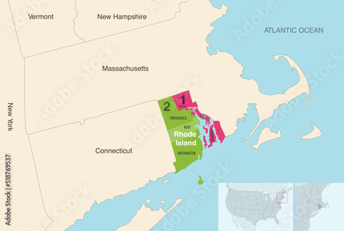 Rhode Island's congressional districts (2013-2023) vector map with neighbouring states and terrotories
