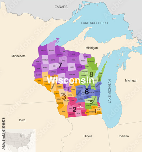 Wisconsin's congressional districts (2013-2023) vector map with neighbouring states and terrotories