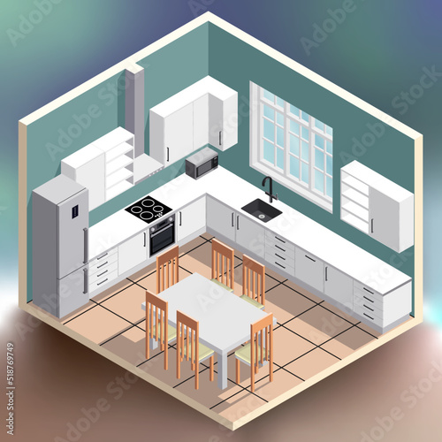 Kitchen interior isometric illustration on colorful bright gradient background © brichuas