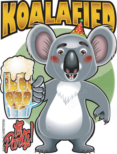Cartoon style koala bear holding mug with foaming beer