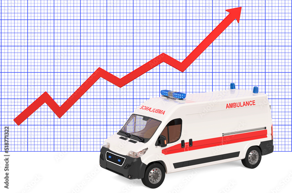 Ambulance van with growing chart. 3D rendering