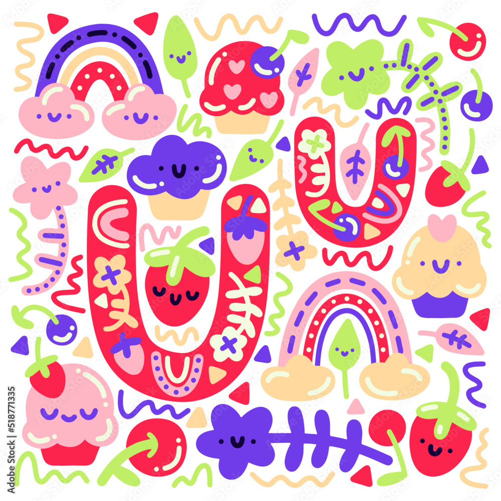 Bright juicy set of vector stickers in kawaii style on the theme of sweets and fast food. Cute cartoon patches, cupcakes, muffins, fruit, flowers, alphabet letter U for baby, print, typography, decor