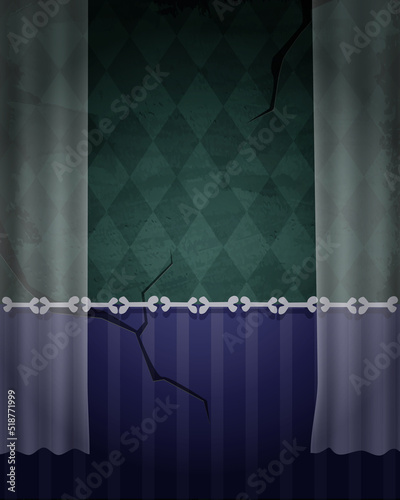 Halloween vector illustration background with frame of aged old room with grunge wallpaper, curtain and bones