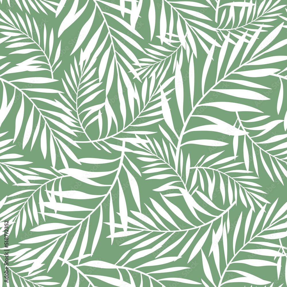 Green and white floral seamless pattern with palm leaves. Vector tropical background