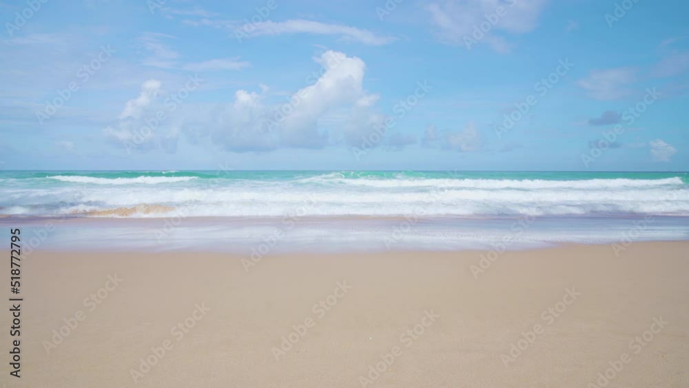 Landscape Beach blue sky wave splashing sandy summer. Wide shot Landscape Beach blue sky wave splashing sandy summer. Wide shot