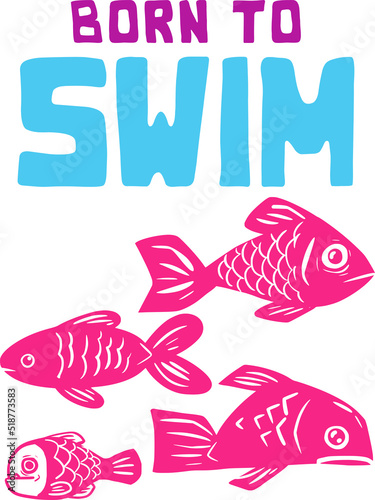 Born to swim. Fishes in woodcut style