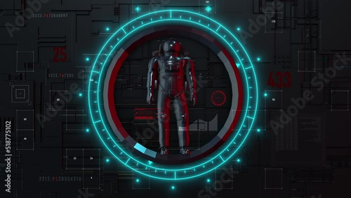 The astronaut on technology and networking concept digitally generated. Animation for fantasy, futuristic or space travel backgrounds. 3D rendering