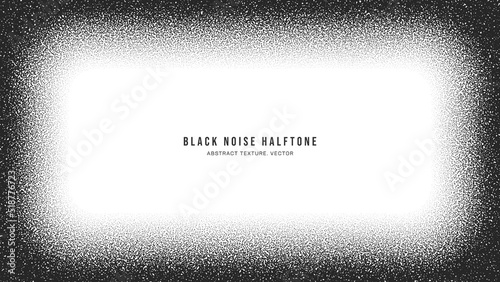 Black Noise Stipple Dots Halftone Vector Vignette Rounded Frame Isolate On White. Hand Drawn Dotwork Abstract Grungy Grainy Texture. Pointillism Art Abstraction Dotted Graphic Grunge Illustration